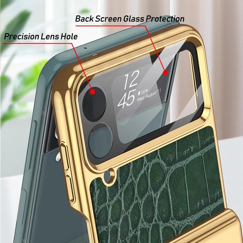 Luxury Plating Leather Case for Samsung Galaxy Z Flip 4 Magnetic All-included Hinge Ring Holder Cover for Galaxy Z Flip4 Case
