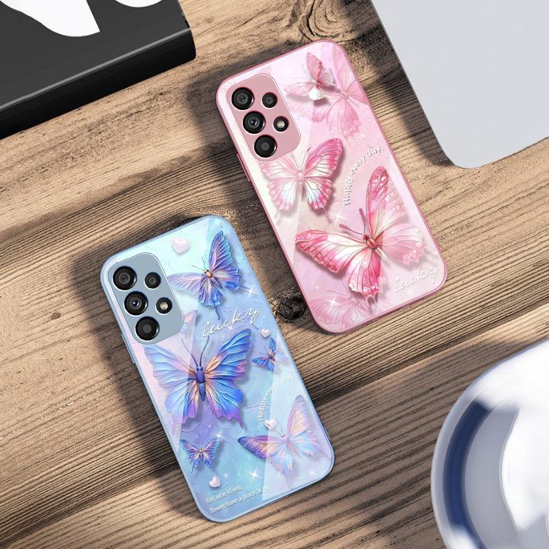 Gradient colored butterfly For Samsung Galaxy S10 4G S20 11E 30 S21 22 S24 Fe Pro S23 S25 Ultra 5G S9 Tempered Glass Phone Case