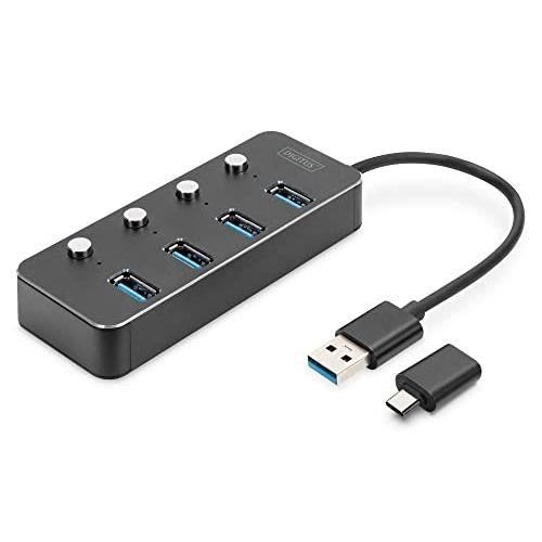 Hub USB 3.0 - DIGITUS - 4 Ports - Jusqu'à 5 Gbit/s - Ports Commutables - Voyant Lumineux