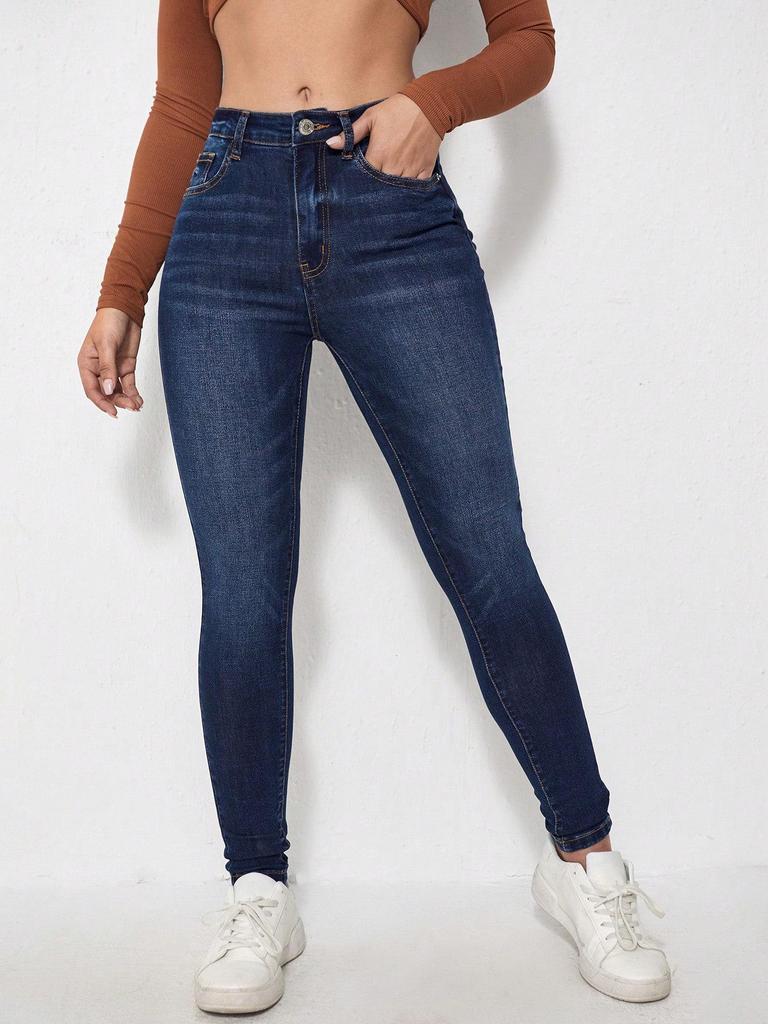 Women's Dark Blue Low Rise Skinny Jeans with High-Quality Finish