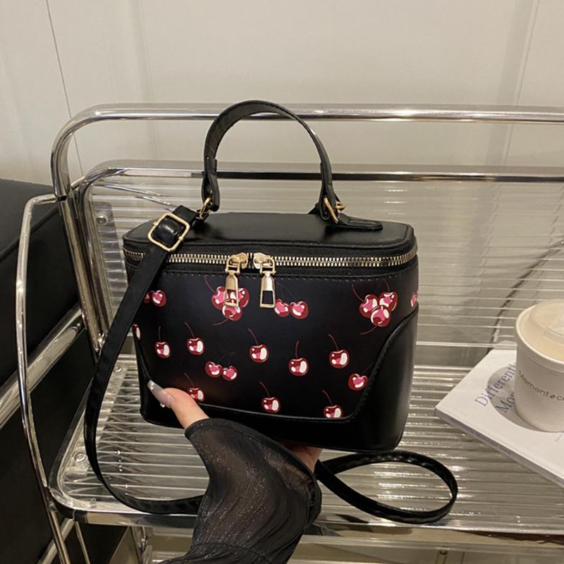 Chic Small Square PU Bag with Cherry Design Women's Trendy Crossbody Bag Sophisticate Commuter Handbag