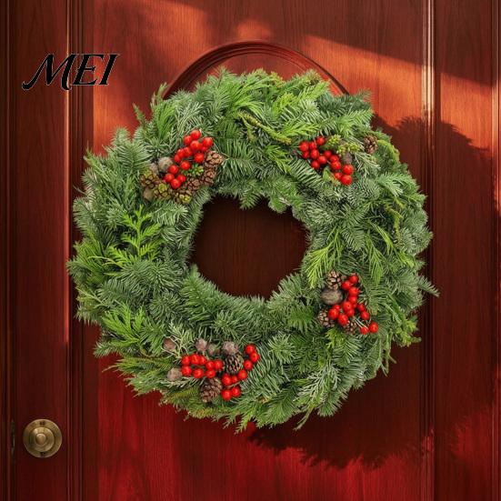 Holiday Scene Setting Wall Decals Christmas Garland Sticker, Pine And Cypress Branch Decal with Red Berries & Versatile Festive Room Accents