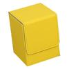Yellow trading card deck box with sleeves, 7.3x8x10.3cm