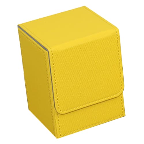 Yellow trading card deck box with sleeves, 7.3x8x10.3cm
