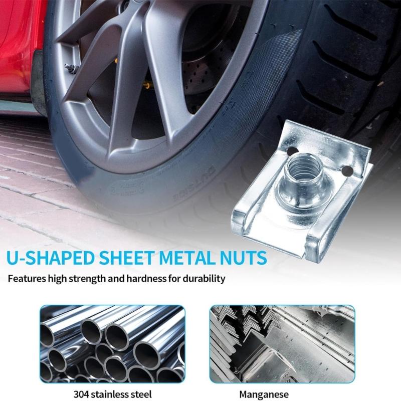 90Pieces Thickened U Shape Metal Nut Set Zinc Alloy Clamping Fasteners with Thread for Vehicle Door Trim Maintenance