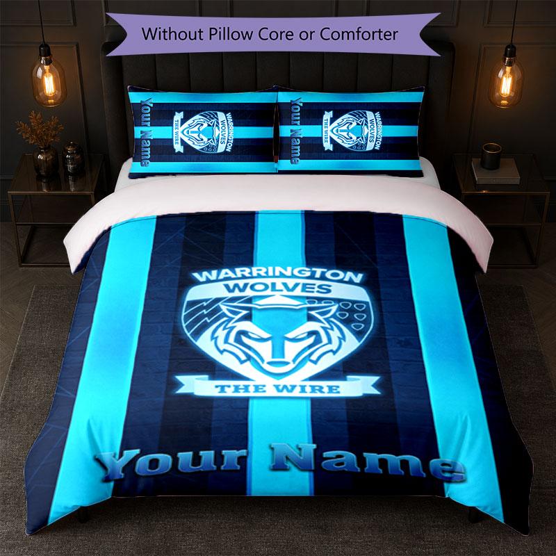 Warrington Wolves FC Custom Name Text Bedding Set 1 Duvet Cover+2 Pillowcases Soccer Logo Personalized Gift For Special Occasion Bedroom Decor