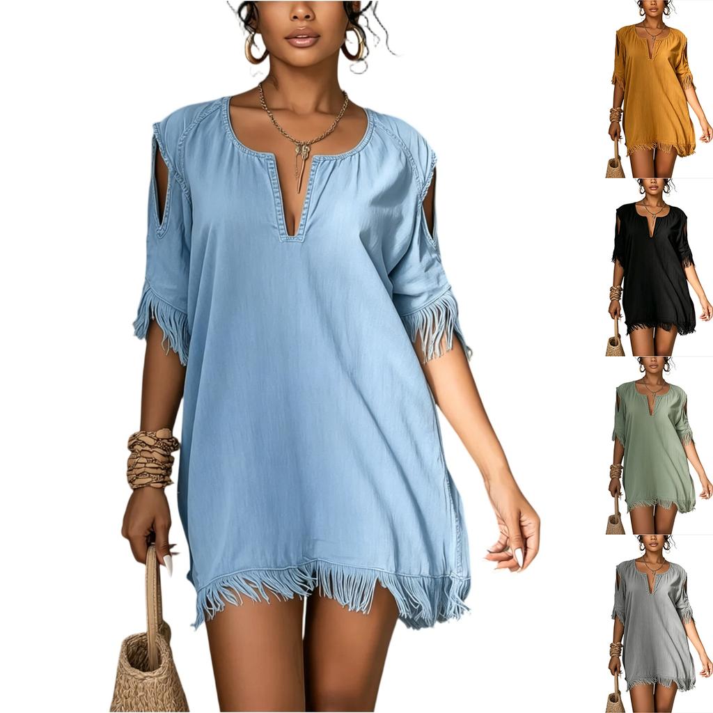 Women's Casual V Neck Shoulder Cutout Short Sleeve Loose Fit Mid Length Dress with Fringe Hem and Sleeve Details for Everyday Wear