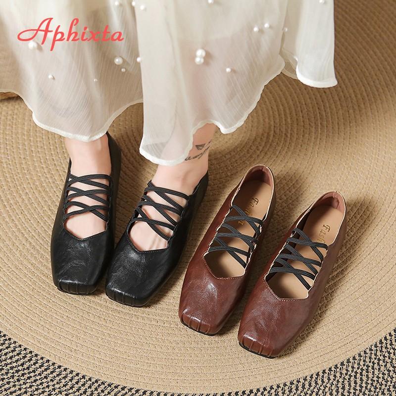 Fashion Aphixta Square Toe Black Flats Shoes Slip On Elastic Bands Cross Straps Womens Shoes Elegant Flat with Ladies Shoes
