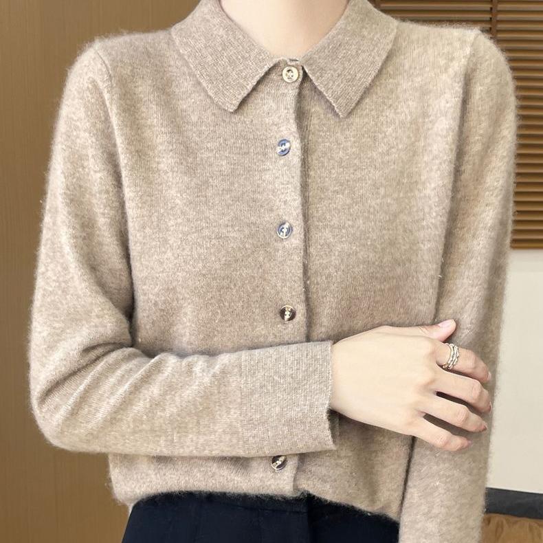 Spring Autumn Women's Wool Cardigan Solid Color Polo Collar Knitted Cardigan Long Sleeve Slim Fit Stretch Wool Cardigan