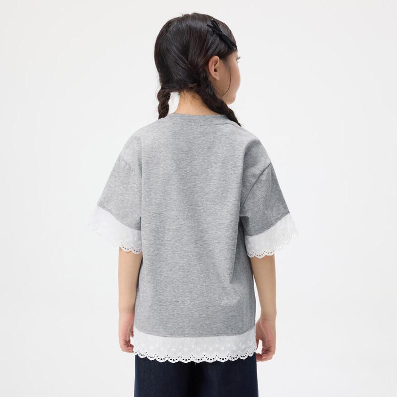 Girls' Classic Round Neck Print T-Shirt with Lace Trim
