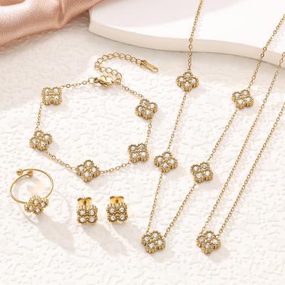 5PCS Non Fading 18K Gold Plated 9mm Clover Titanium Steel Bracelet Necklace Earrings Ring 5-piece Set