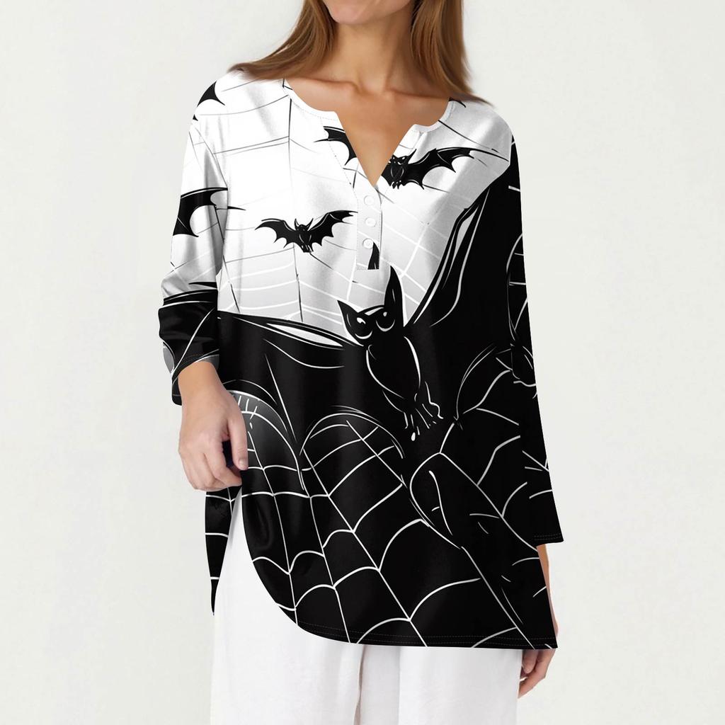 Women's Fashion Casual T-Shirt V-Neck Seven Sleeve  Printed Button Top