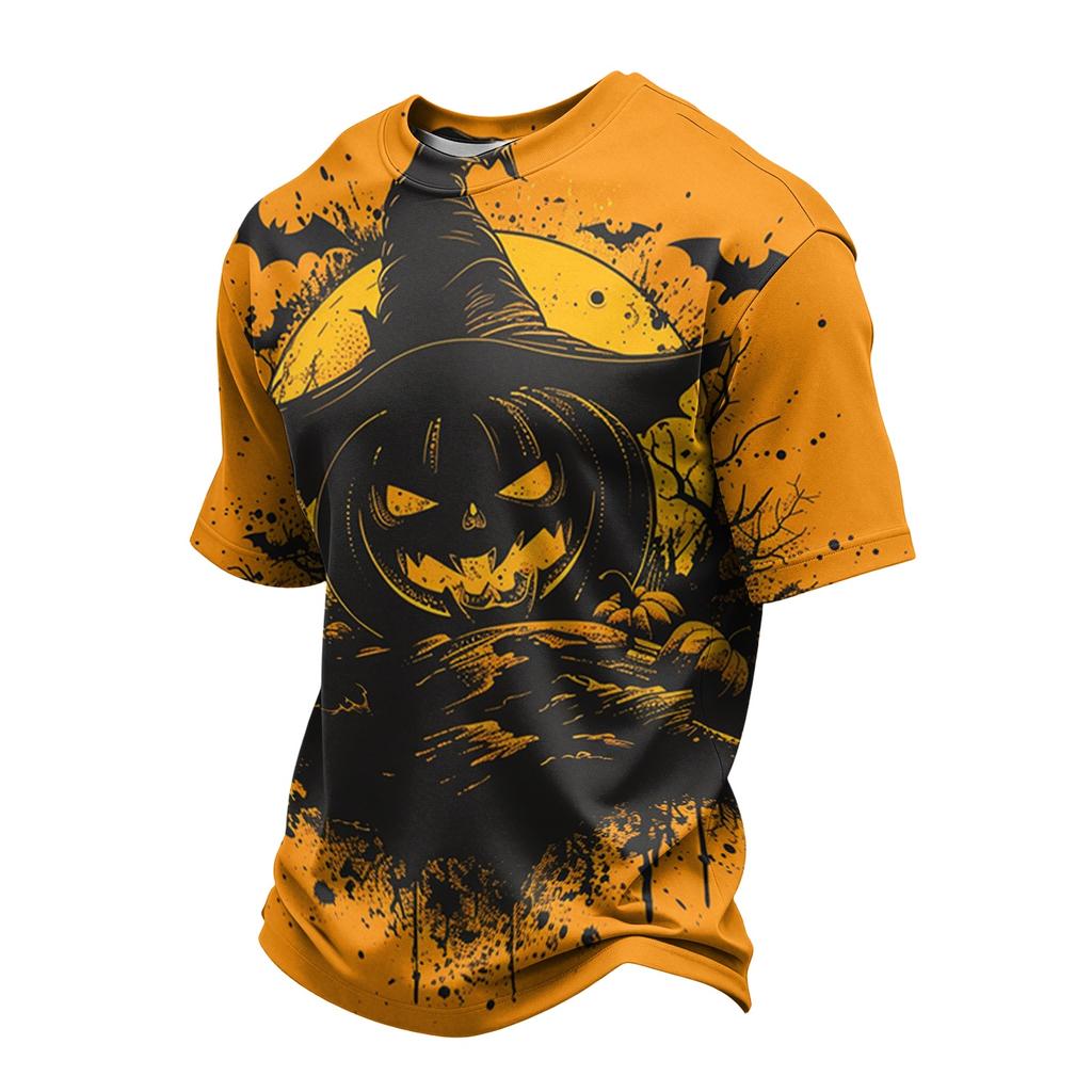 Men's Casual Short Sleeve T-Shirt Lightweight Breathable Round Neck Top Halloween Pumpkin Print Design Comfortable Fit