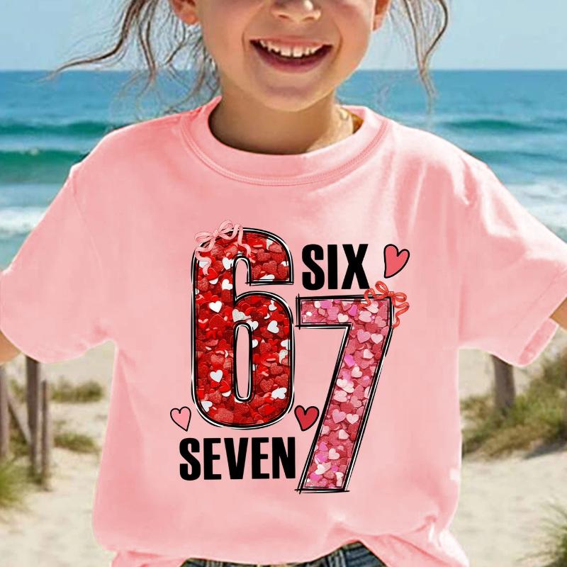 Valentine'S Day Summer Fashion Girls' Short Sleeve T-Shirt, Number Heart Cartoon Pattern Print Casual Versatile Top