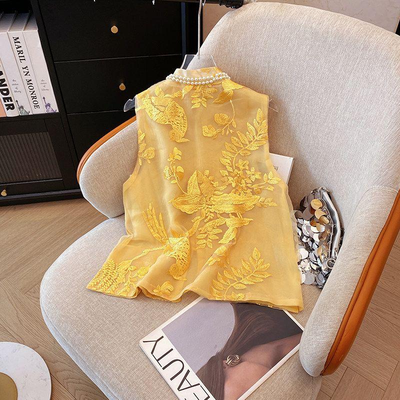 New Chinese Style National Style Stylish Vest Women s Summer Accessible Luxury Dignified Sense of Design Stylish Buckle Stand Collar Waistcoat Tops Yellow M