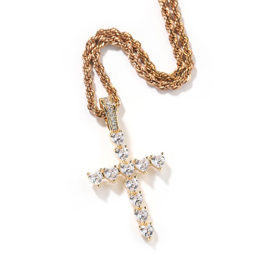 Hot Selling Fashion Light Luxury Hip Hop Diamond Heart-shaped Cross Pendant Personalized Niche Link Chain Necklace Silver/Gold золотой
