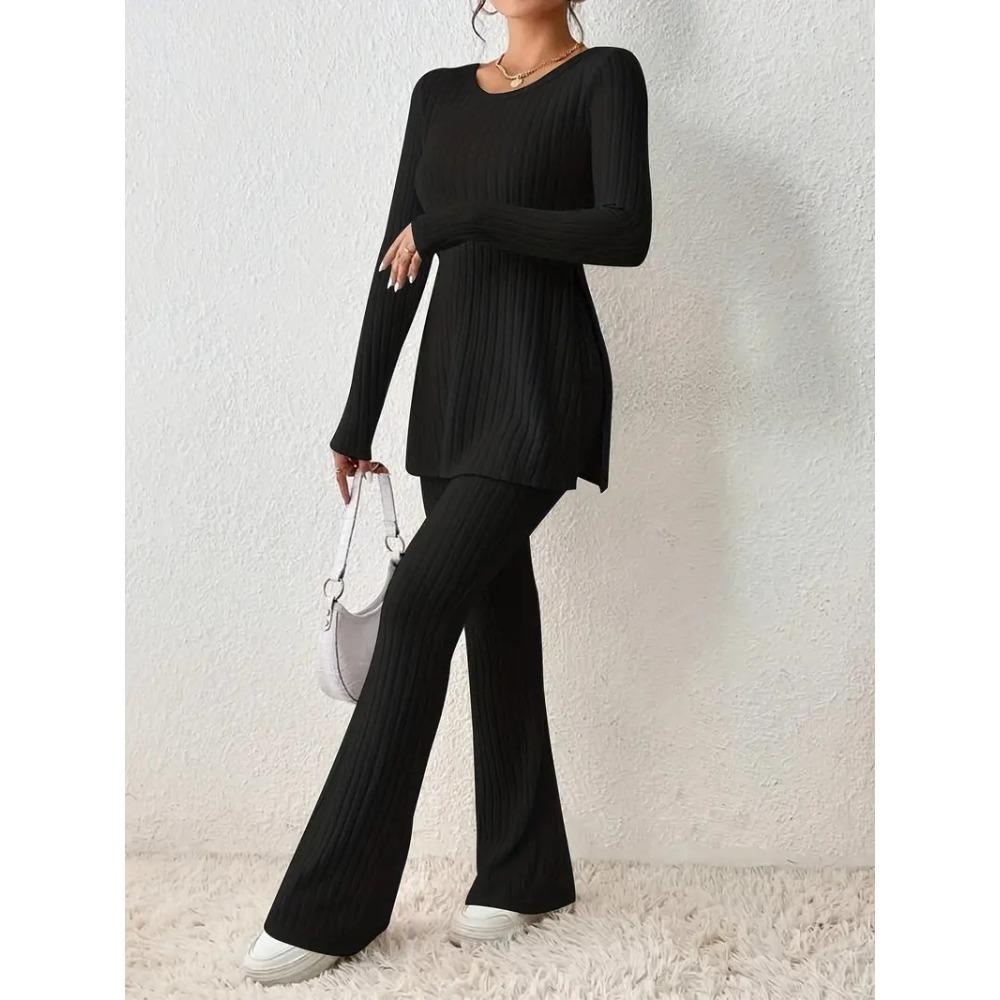Women's Loose Fit Two-piece Suit Long Sleeve Knit Top High Waist Flare Pants Solid Ribbed Loungewear Matching Set
