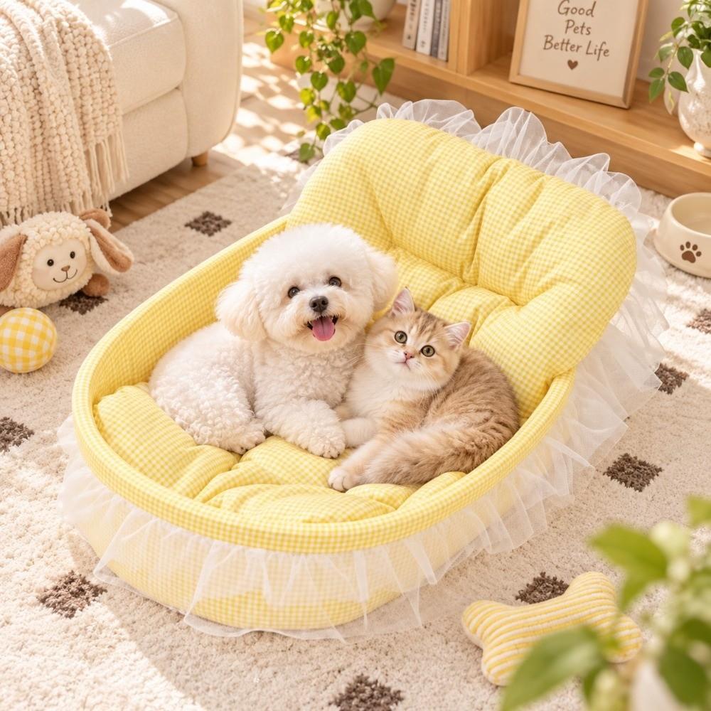 Lace-Trimmed Cat Nest Bed Removable Dog Bed Sweet Pet Princess Sofa Winter