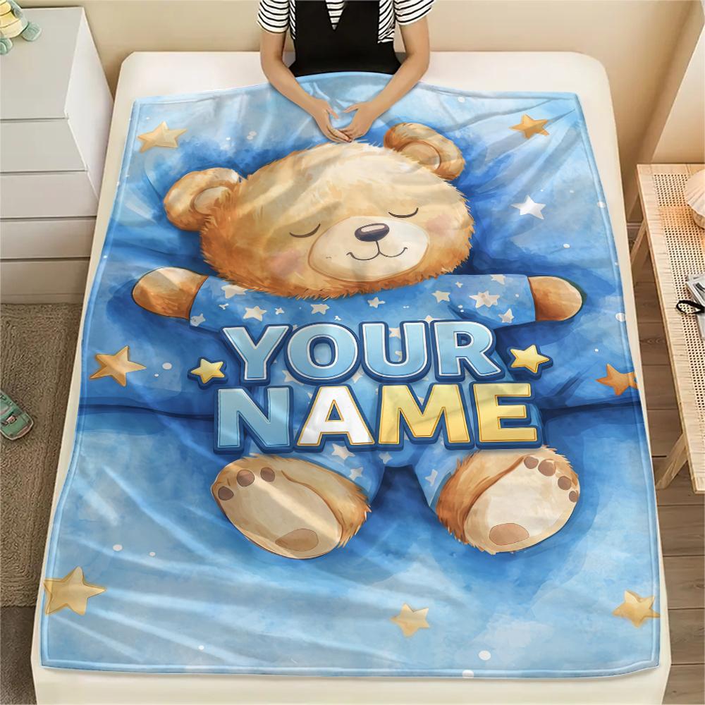 1PC Custom Name Rainbow Heart Bear Love Patterned Flannel Blanket Suitable For All Seasons for Home Decor Warmth and Comfort Gifts Holiday Present_lx