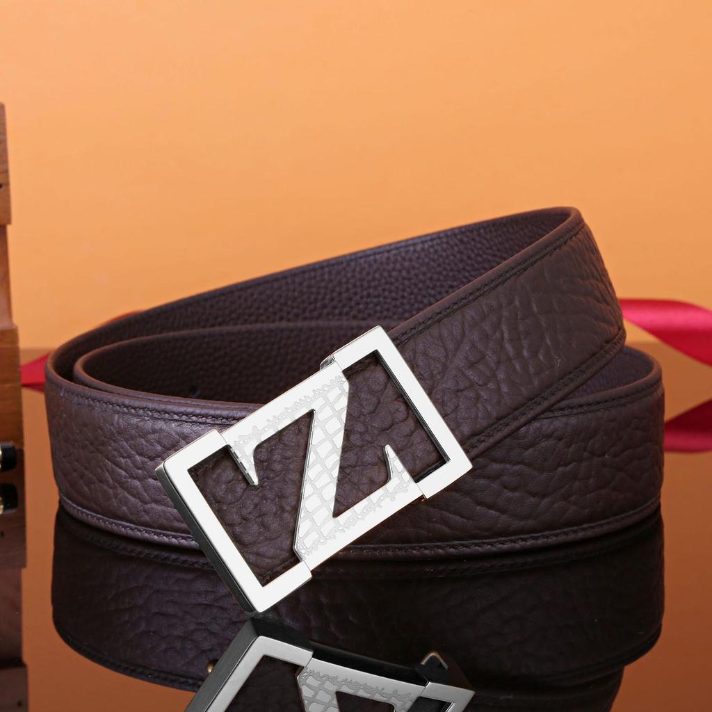 Men's Z Letter Business Casual Buffalo Leather Belt with Stainless Steel Buckle