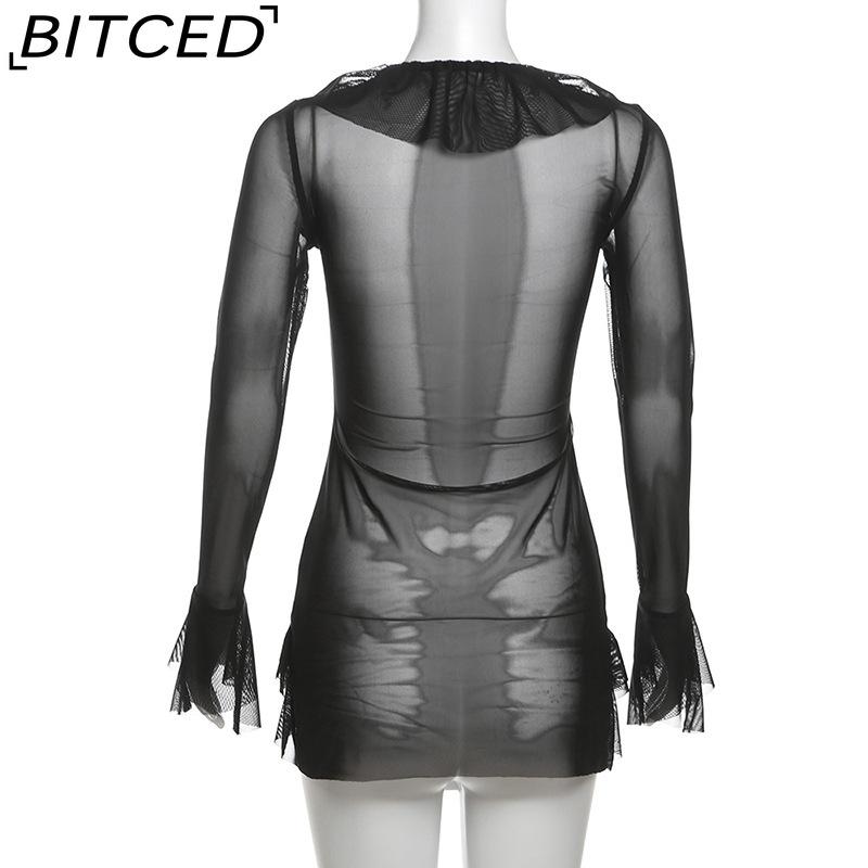 BITCED Fall Women's Solid-Color Slim-Fit Streetwear V-Neck Long-Sleeve Mesh Top