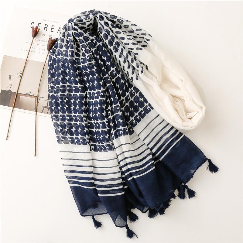 Spring Autumn Fashion Luxury Brand Navy Blue Dot Viscose Shawl Scarf Women High Quality Print Hijabs and Wraps Muslim Sjaal