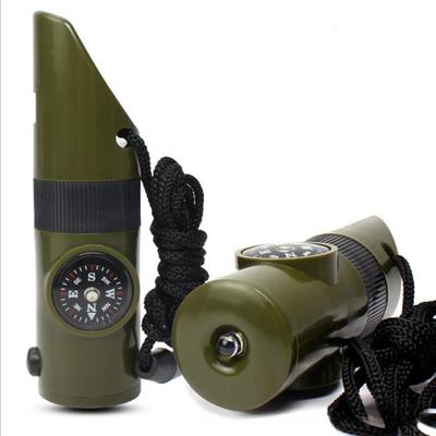 1Pc Outdoor Survival Supplies 7-in-1 Whistle Multi-functional Portable Emergency Compass Magnifying Glass Flashlight Thermometer