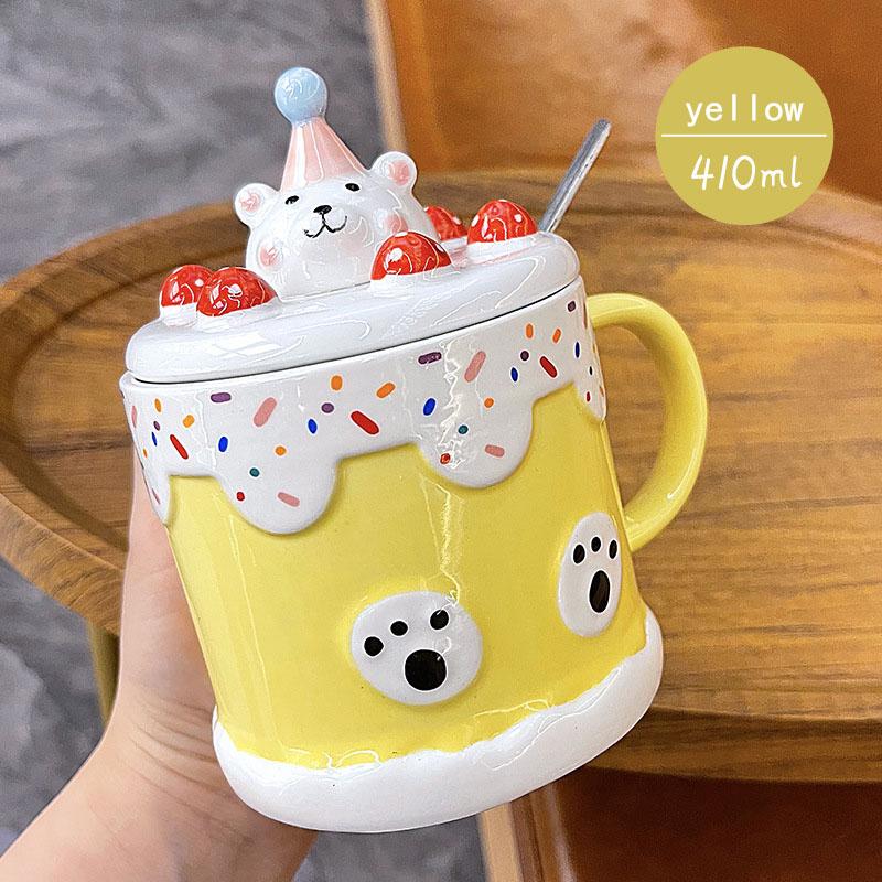 

410ML Ceramic Coffee Cup With Lid Spoon Creative Funny Cake Shape Mugs Household Milk Oatmeal Water Cup 401-500ml жовтий