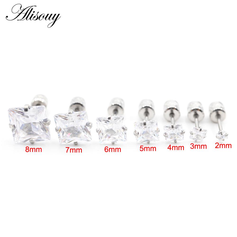 Alisouy 2 bucăți din oțel inoxidabil 4 dinte pătrat zircon CZ femei bărbați fată ureche stud cartilaj șurub cercei piercing bijuterii