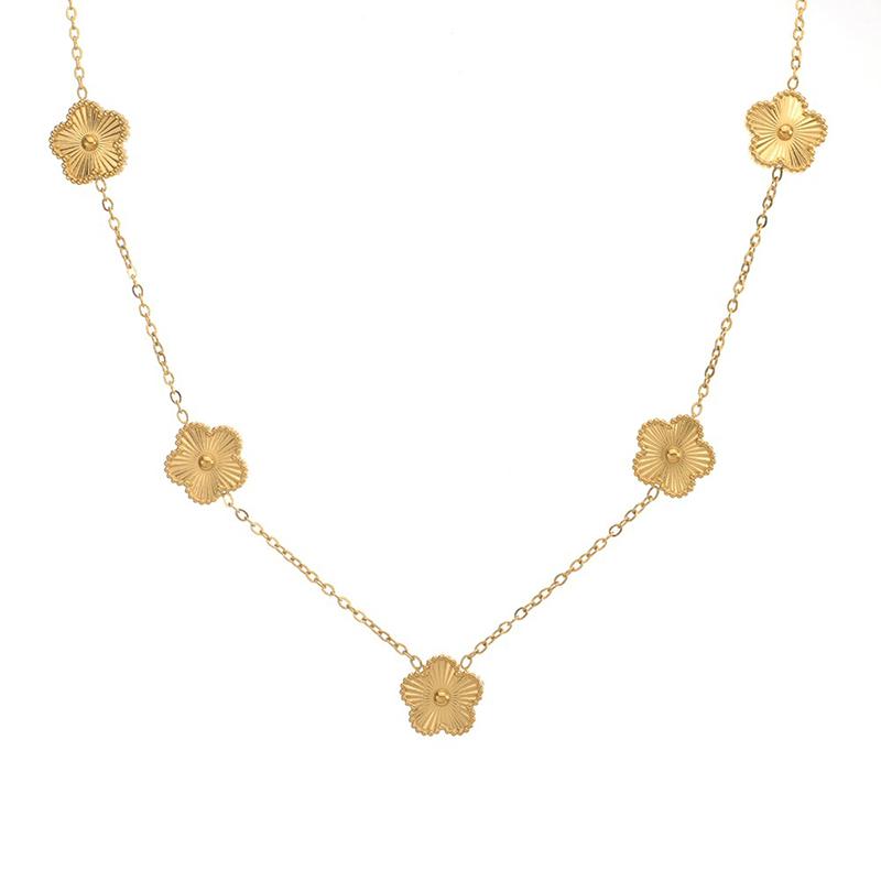 Collier en Acier Inoxydable Plaqué Or 14K Femme Cinq Pétales de Feuille Colliers Double Face pour Femmes Pendentif Fleur Trèfle Bijoux