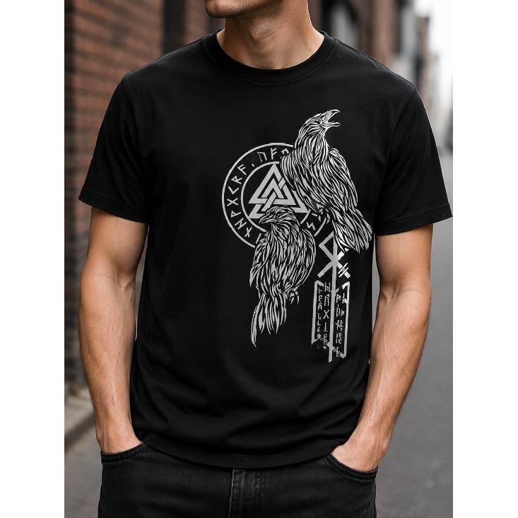 Men's Black Short Sleeve Crew Neck T-Shirt With Viking Raven Graphic And Runes Design, Soft Cotton Blend For Casual Wear