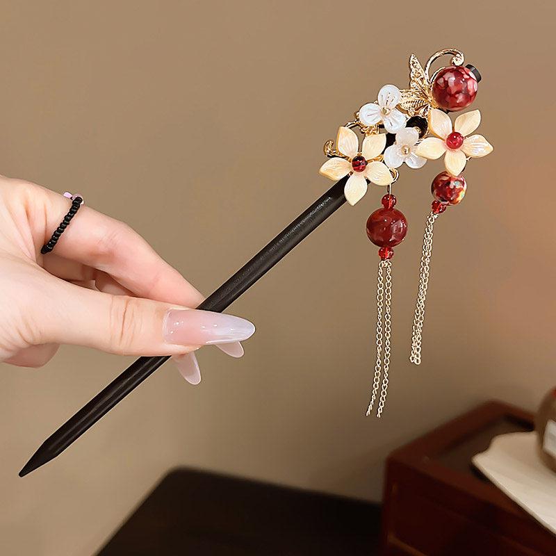 Children's White Magnolia Hanfu Hairpin with Tassel - Traditional Style Accessory for Girls