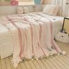 250G Two-Color Cationic Jacquard Throw Blanket with Small Handmade Pom-Poms