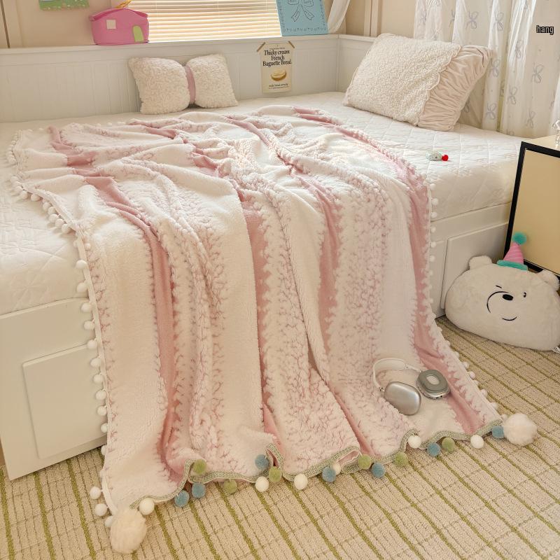 250G Two-Color Cationic Jacquard Throw Blanket with Small Handmade Pom-Poms