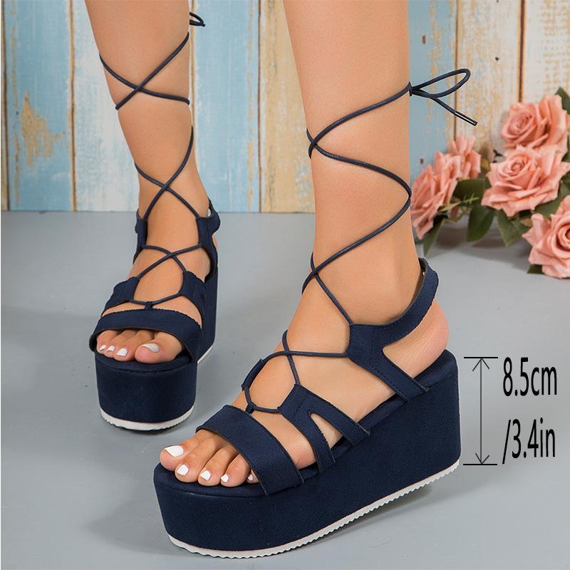 

Foreign trade 2025 new European and American straps large size sandals slope heel platform cross with open toes women s fashion sandals 36 тёмно-синий