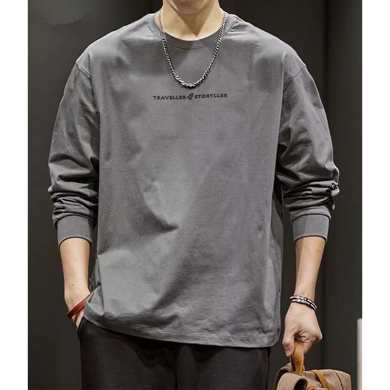 [EASTEMPO] t-shirt men's spring long sleeve Fashionable cotton Plain color casual Relaxing big size (JP, alphabet, M, gray)