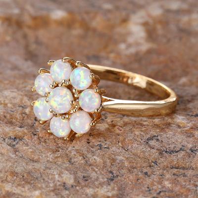 Elegante anello di fidanzamento con opale di fuoco bianco e fiore per donna, gioiello da sposa vintage color oro