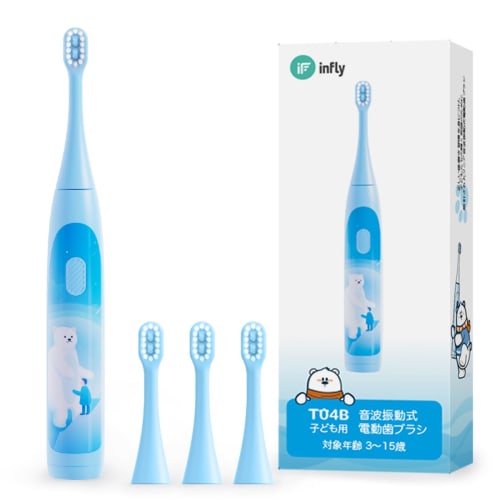 

infly T04B Electric Toothbrush with Replacement Brushes, 3-Piece Set, Sonic Vibration, Professionally Designed for Kids, IPX7 Waterproof, Anti-Pressur