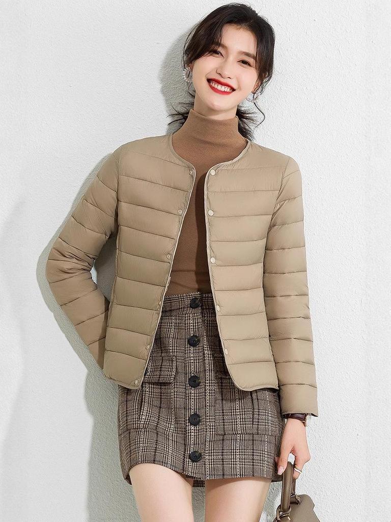 Women's Slim Fit Lightweight Crew Neck Down Jacket - Korean Style Warm Cotton-Padded Coat