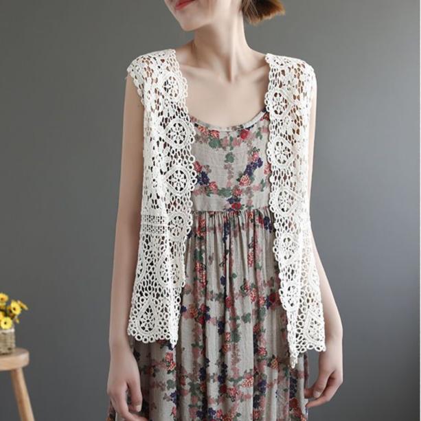 Summer Women Lace Vest Loose Cut-out Cardigan Vest Bohemian Style Cotton Woven Open Front Vest Thin Outwear