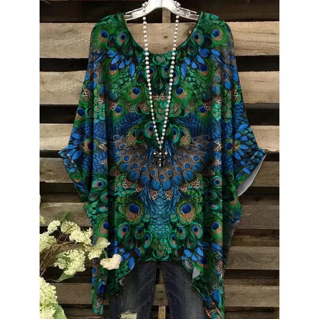 Camiseta de Verano para Mujer Estampado de Colibrí y Pavo Real Cuello Redondo Cola Cómoda Manga Corta Oversize Dobladillo Irregular Tops