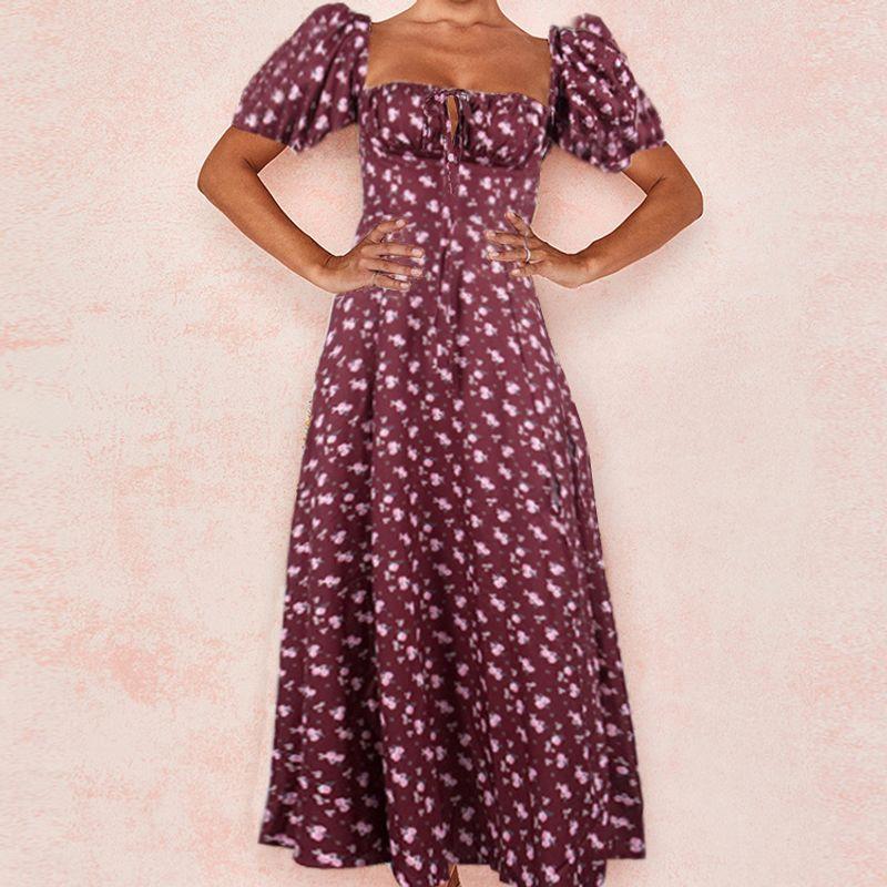 European and American Pastoral Style Sexy Square Collar Lace-up Small Floral Print Slim fit Puff sleeve Temperament High Slit Dress Women