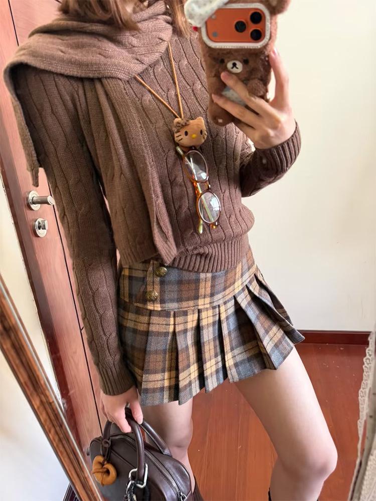 Women's Slimming High-Waist Retro Plaid Wool Skirt - Spring College Style A-Line Pleated Short Skirt