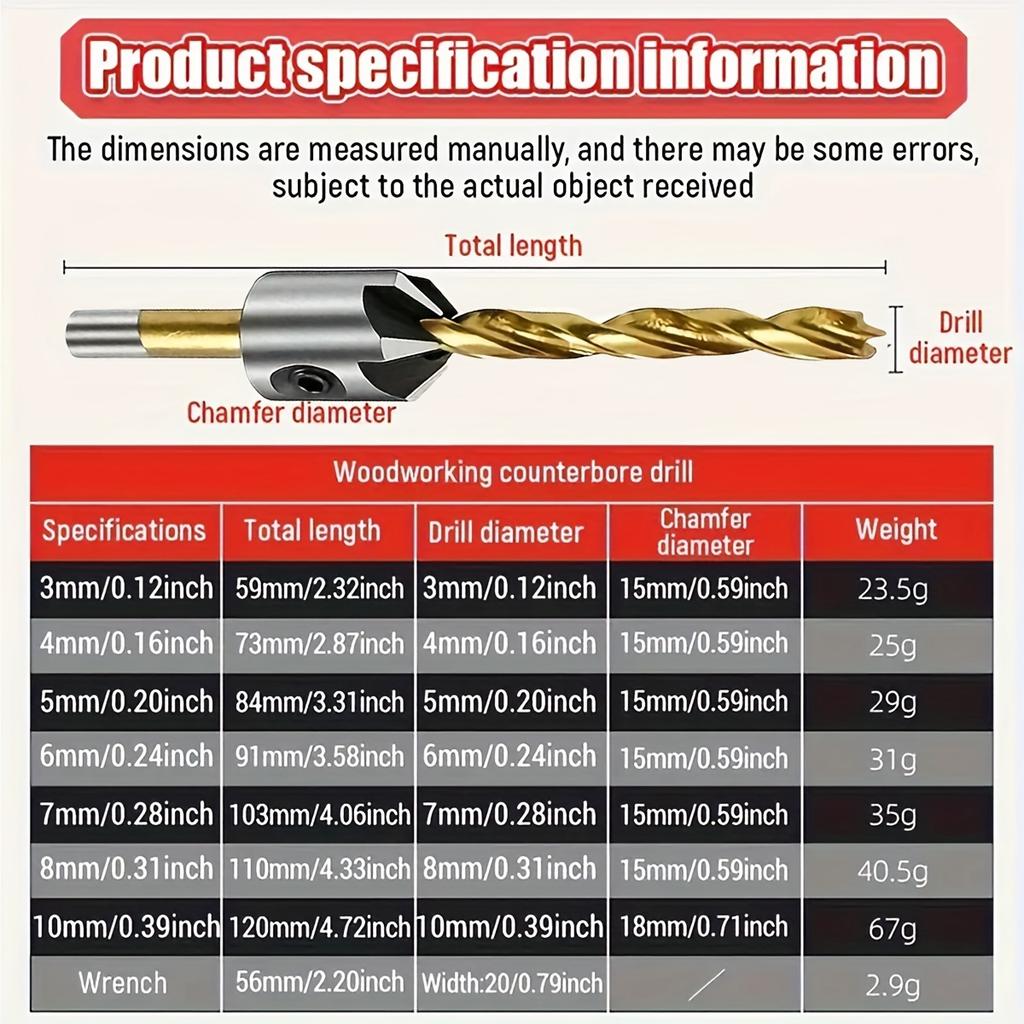 7-teiliges Flöten-Senker HSS Bohrer Aufreiber Set für Holzbearbeitung Anfasbohrer 3-10mm/0,12-0,39inch,Senden Sie einen kleinen Schraubenschlüssel