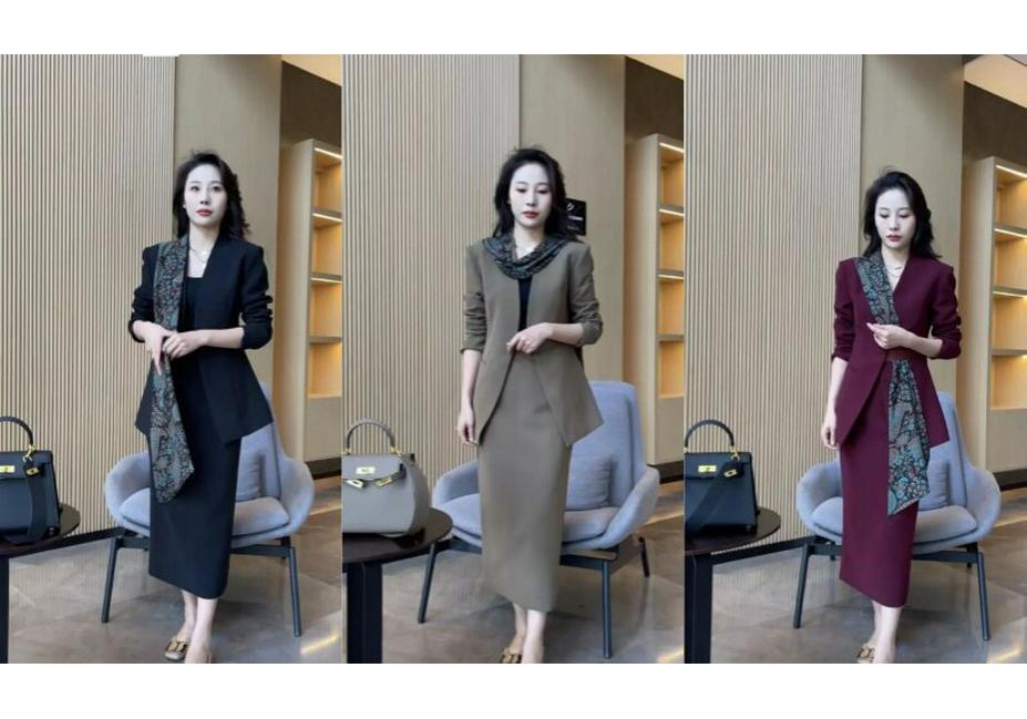 3022 Plus Size Women's Fashion Suit with Flowing Ribbon and Half Skirt - Slimming Two-Piece Commuting Set