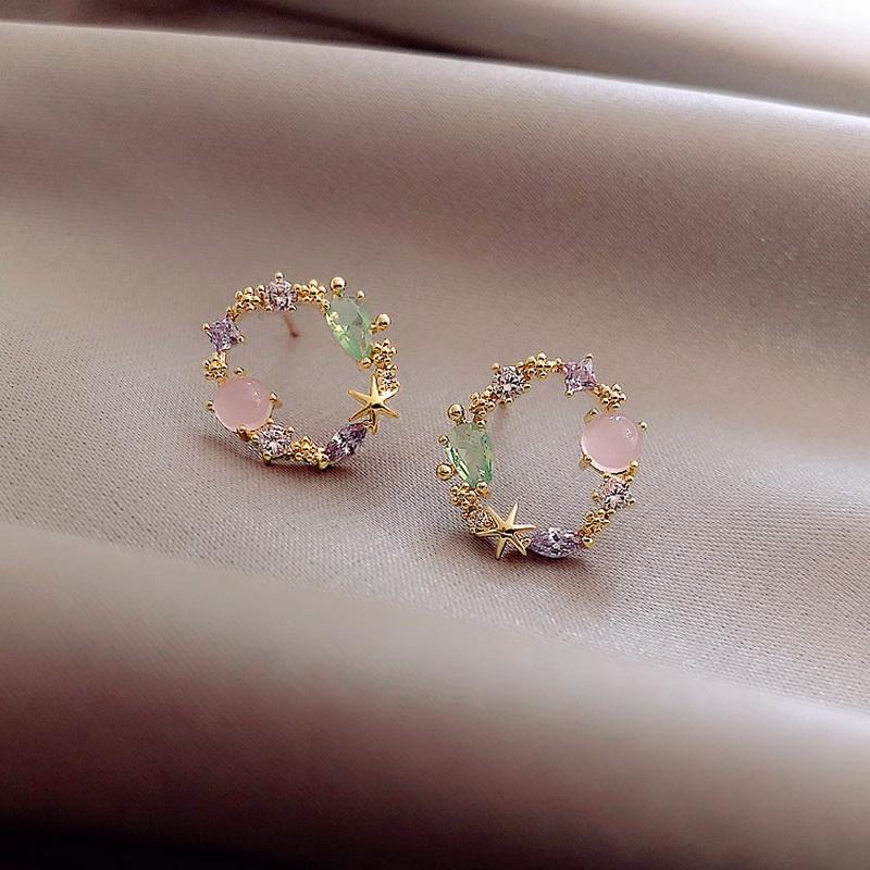 Korean New Colorful Rhinestone Wreath Stud Earrings Sweet Flower Crystal Pearl Brincos Women Party Birthday Jewelry Gift