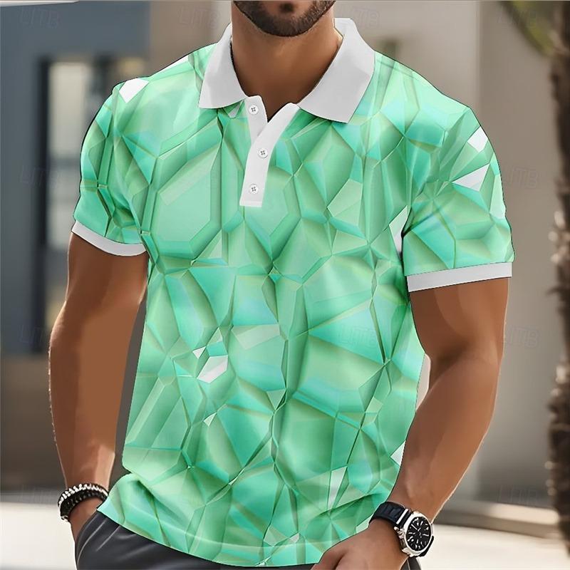 Men's Short Sleeved Polo Shirt with Colorful 3D Color Block Printing, Summer Casual Lapel Short Sleeved Street Top