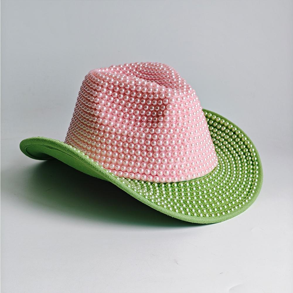 Luxury Pearl Rhinestone Cowboy Hat For Women Pink Green Western Cowgirl Hat Bling Festival Party Rodeo Birthday Dress Up Hat