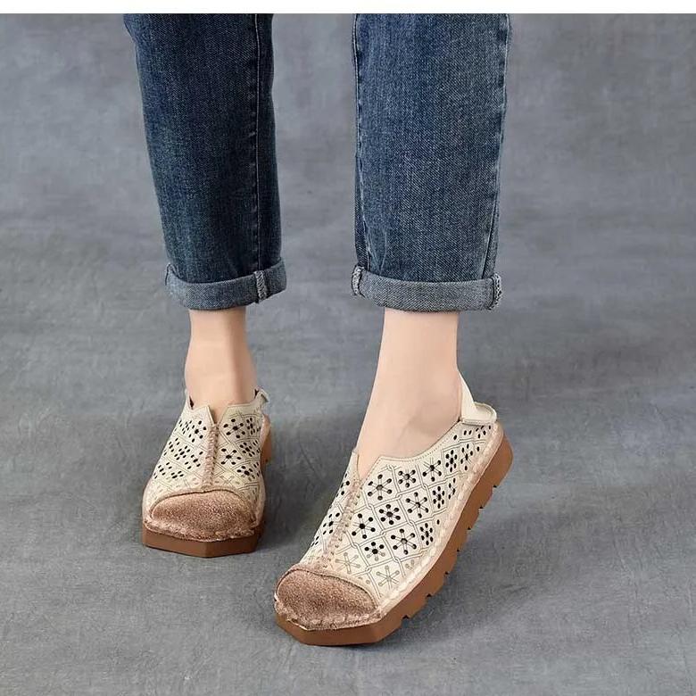 Johnature Hollow-out Breathable Flat Sandals Retro Genuine Leather Soft Soled Women's Slip-on Shoes
