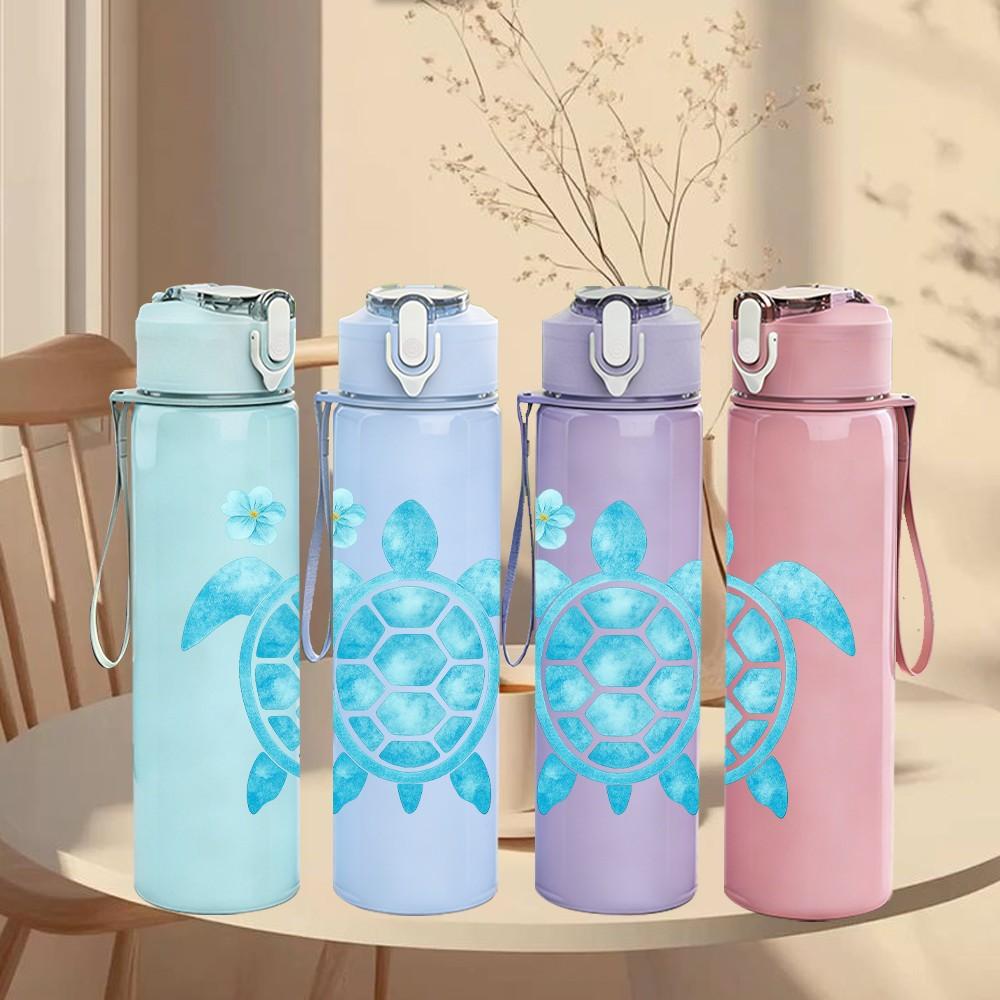 1PC Light Blue Sea Turtle Cartoon 750ml Color Plastic Sports Water Bottle Leakproof Flip Straw Lid Suitable for Sports Office Home Use